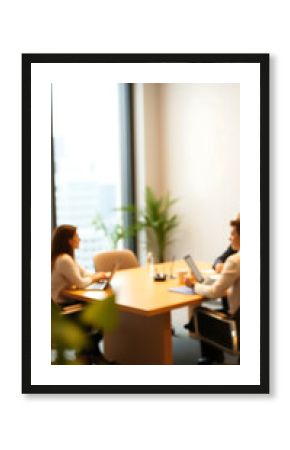 Defocused abstract background featuring a modern meeting room with natural light and a professional