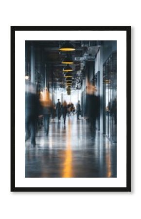 Bright business workplace with people in walking in blurred motion in modern office space. High quality