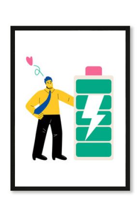 Business man holding battery with full charge. Enthusiastic concept. Flat vector illustration isolated on white background