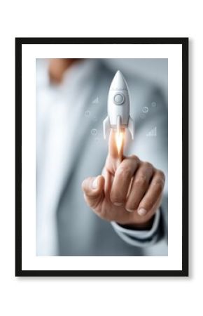 Businessman Launching Virtual Rocket with Financial Growth Icons and Upward Graph in Modern Office Digital Transformation and Market Disruption Concept