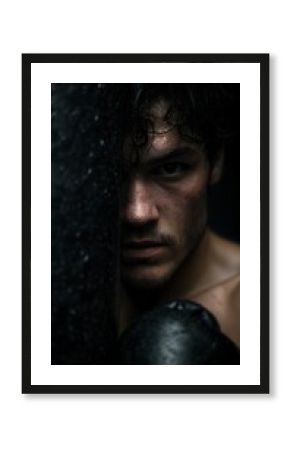Boxer intensely striking heavy bag with focused expression