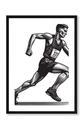Monochrome Woodcut Style Illustration of a Marathon Runner in Ac