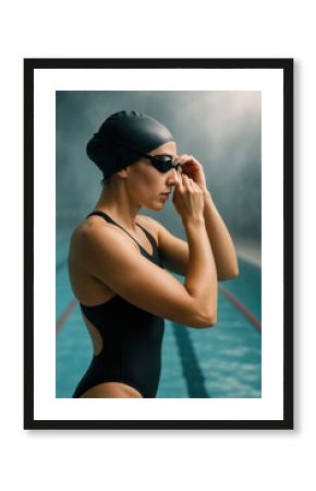 A focused swimmer adjusting goggles before a race in a pool environment.