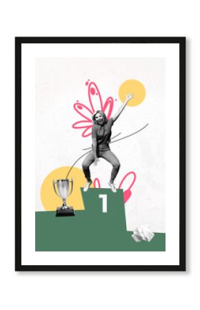 Creative artwork template sketch image 3D collage of young lady winner stand pedestal goblet activity motivation determination best result