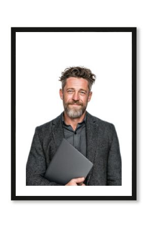 Professional man smiling with laptop portrait neutral isolated on transparent background