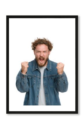 Angry man expressing frustration portrait emotion isolated on transparent background