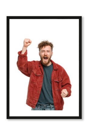 Celebrating victory excited man shouting in energetic atmosphere isolated on transparent background