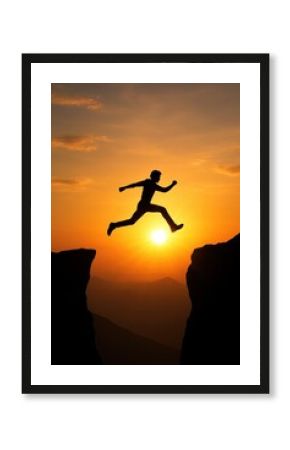 A Person Taking a Leap of Faith Between Two Mountain Peaks at Sunrise
