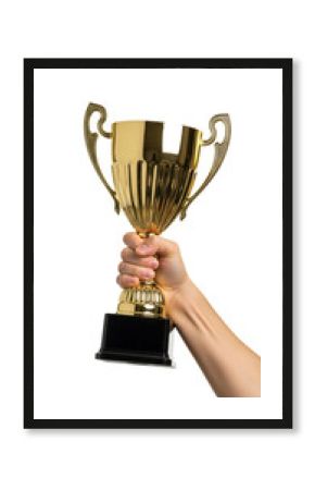 Hand holding a shiny golden winner's trophy cup for first place. Isolated on transparent background, png