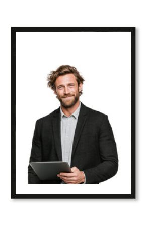 Business professional engaging with tablet in modern office isolated on transparent background