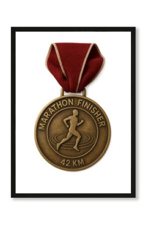Marathon finisher medal hanging with red ribbon on transparent background