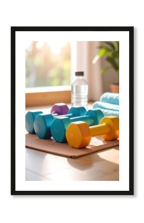 Home gym equipment, dumbbells, water bottle, yoga mat