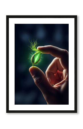A close-up of a hand holding a single, glowing seed that represents new beginnings, growth, potential, and life-affirming hope for the future.