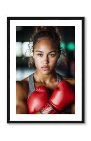 Intense female boxer portrait in dim lighting for sports motivation and empowerment