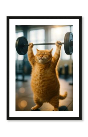 Chubby orange cat lifting a barbell in the gym with a determined expression, blending humor and fitness motivation