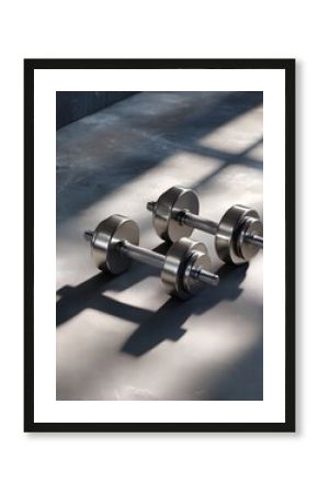 Modern Chrome Dumbbells on Concrete Floor: Home Gym Fitness Equipment