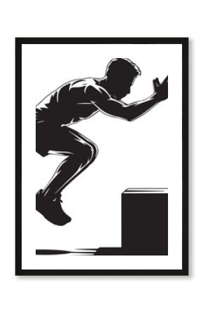 Fitness athlete silhouette jumping over box dynamic workout action silhouette strong muscular man