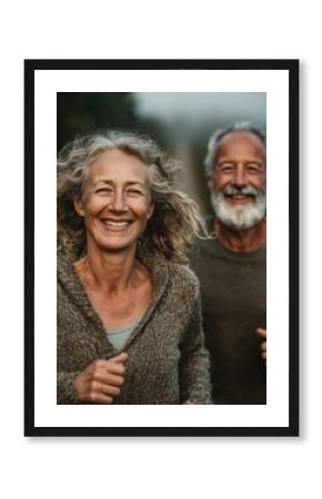 Happy senior couple jogging outdoors, healthy lifestyle and active aging concept