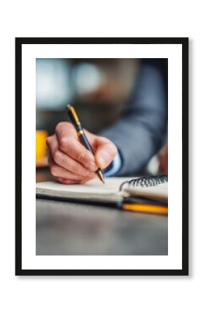 Close-up of businessman writing in a notebook, symbolizing focus, planning, and productivity.