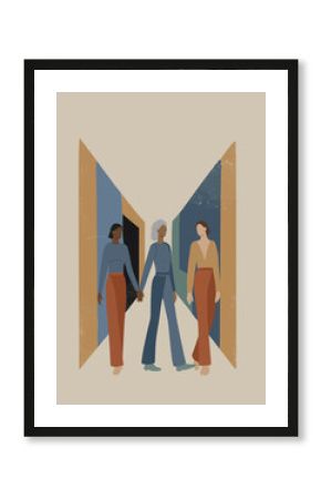 Abstract illustration of diversity empowerment and friendship in modern hallway