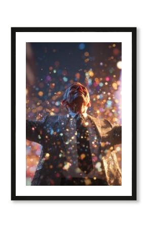 Joyful businessman celebrating success surrounded by digital holographic confetti in a futuristic corporate setting.
