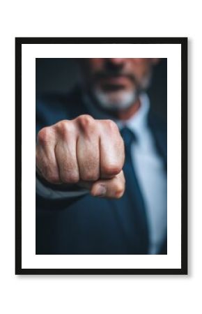 Confident businessman clenching his fist gently in a gesture of determination and motivation in a corporate environment.