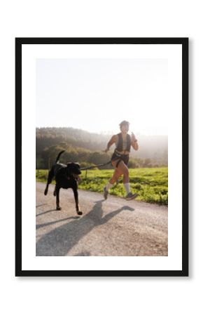 Woman and dog enjoying canicross training in nature