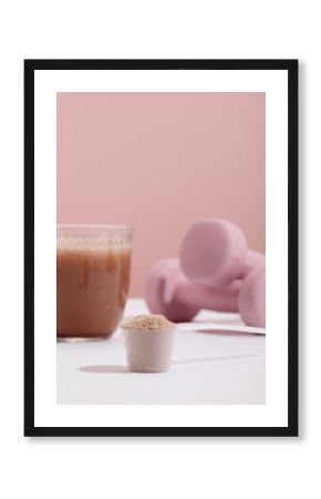 Protein drink and powder with workout equipment