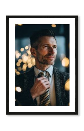 Businessman adjusting his tie in a softly lit office decorated with warm holiday lights, symbolizing confidence and festivity.