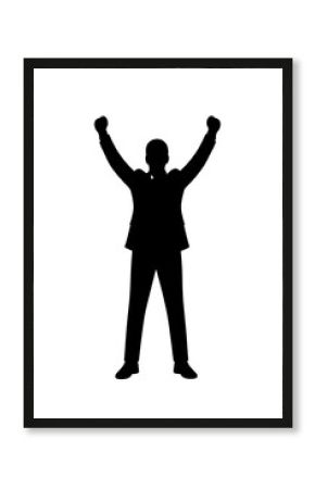 Victorious businessman silhouette celebrates success with arms raised high in triumph, symbolizing achievement and motivation