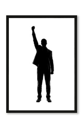 Confident businessman silhouette celebrating victory with raised fist, success and achievement in business world, motivation