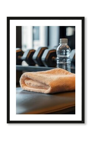 A folded towel rests on a bench in a gym, with dumbbells and a water bottle blurred in the background.