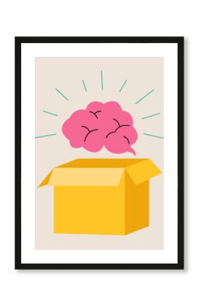 Thinking outside the box concept. The brain hovering outside an open cardboard box. Colorful vector illustration