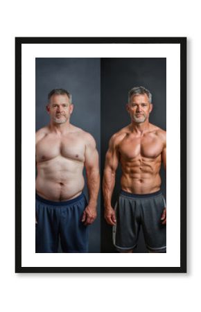 A before and after photo of a middle-aged man showing a significant fitness transformation. Ideal for weight loss, fitness, health journey, and motivational content related to body transformation.