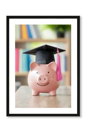 Piggy bank wearing graduation cap representing savings for education at home