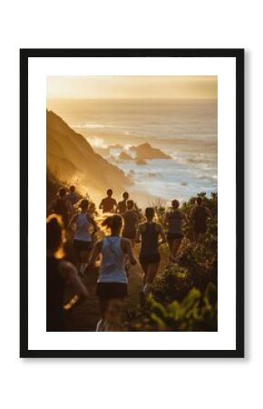 Running along a scenic coastal trail at sunset with a group of energetic individuals. Generative AI