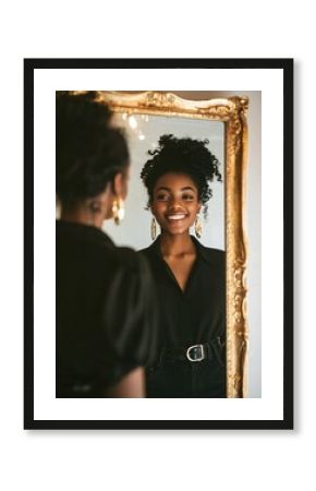 A confident young woman smiles at her reflection in a studio mirror, showcasing her stylish outfit and illuminated features that radiate self-empowerment.