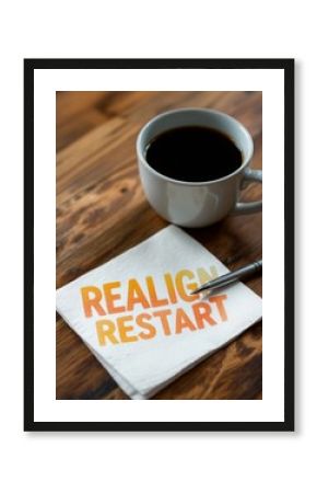 A coffee cup, a pen and a napkin with the words Realign Restart on a wood table