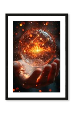 Powerful hand holding a glowing crystal ball with upward trending arrows inside radiating energy and motivation