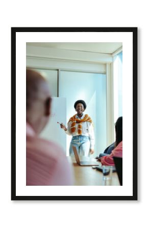 Female team leader presenting in contemporary office, engaging colleagues in a productive business meeting