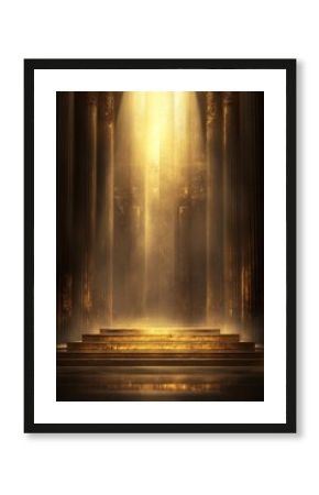 Golden temple podium, sunlight, columns, background, presentation