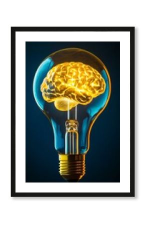 Realistic image of a yellow lightbulb with an illuminated brain on a dark blue background.
