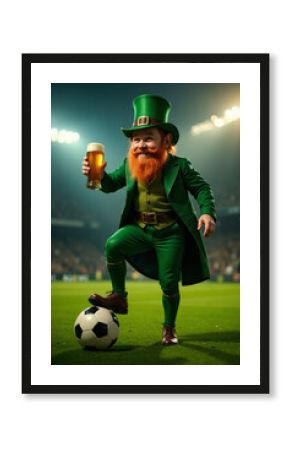 A leprechaun holding a beer and playing soccer, on a stadium background