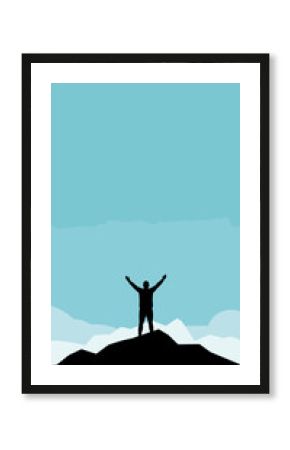 Man reaching top of the mountain. Overcoming concept. Minimalist flat design vector