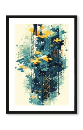Businessman solving complex puzzle on scaffolding in abstract artistic illustration