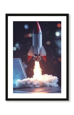 Laptop fueled rocket launch, symbolizes innovation, speed, and progress