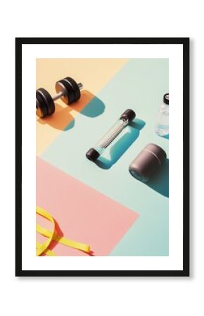 Fitness gear arrangement for workout home gym equipment setup colorful background top-down view exercise motivation