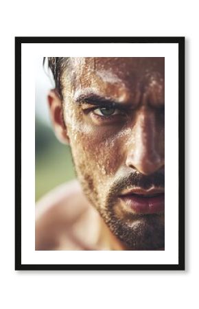 Determined male athlete with sweaty face after intense workout, close-up fitness motivation portrait