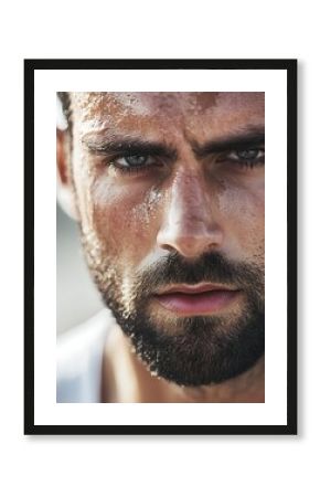 Determined male athlete with sweaty face after intense workout, close-up fitness motivation portrait