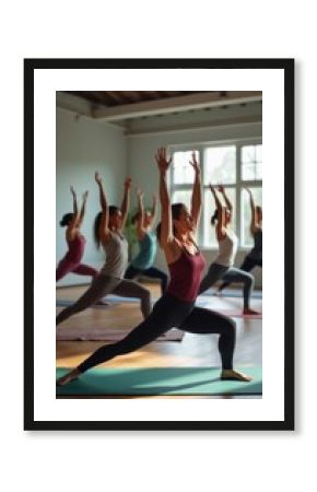 A dynamic scene captures a group of women engaged in a yoga class, showcasing strength and unity as they stretch gracefully. The warm sunlight filters through large windows, illuminating their focused